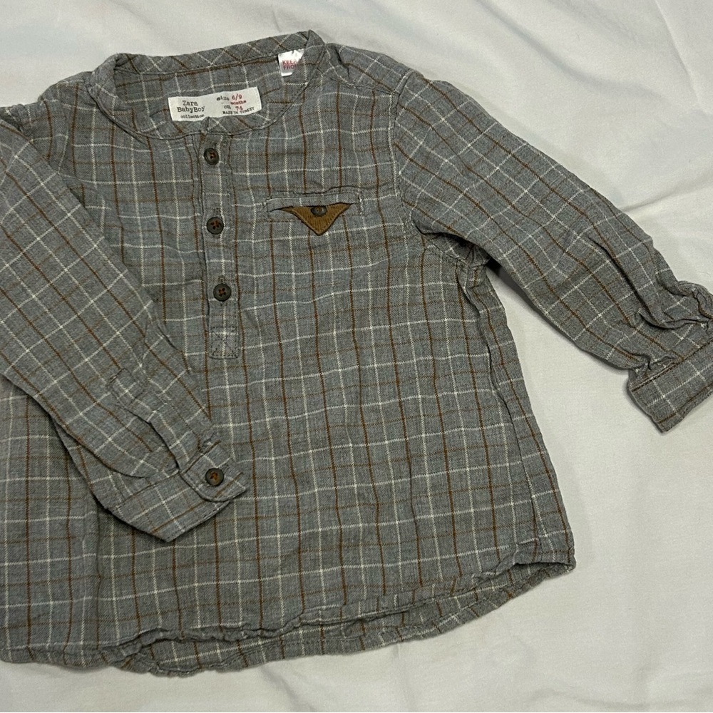 Zara Kids Gray and Brown Plaid Button Down‎ Shirt